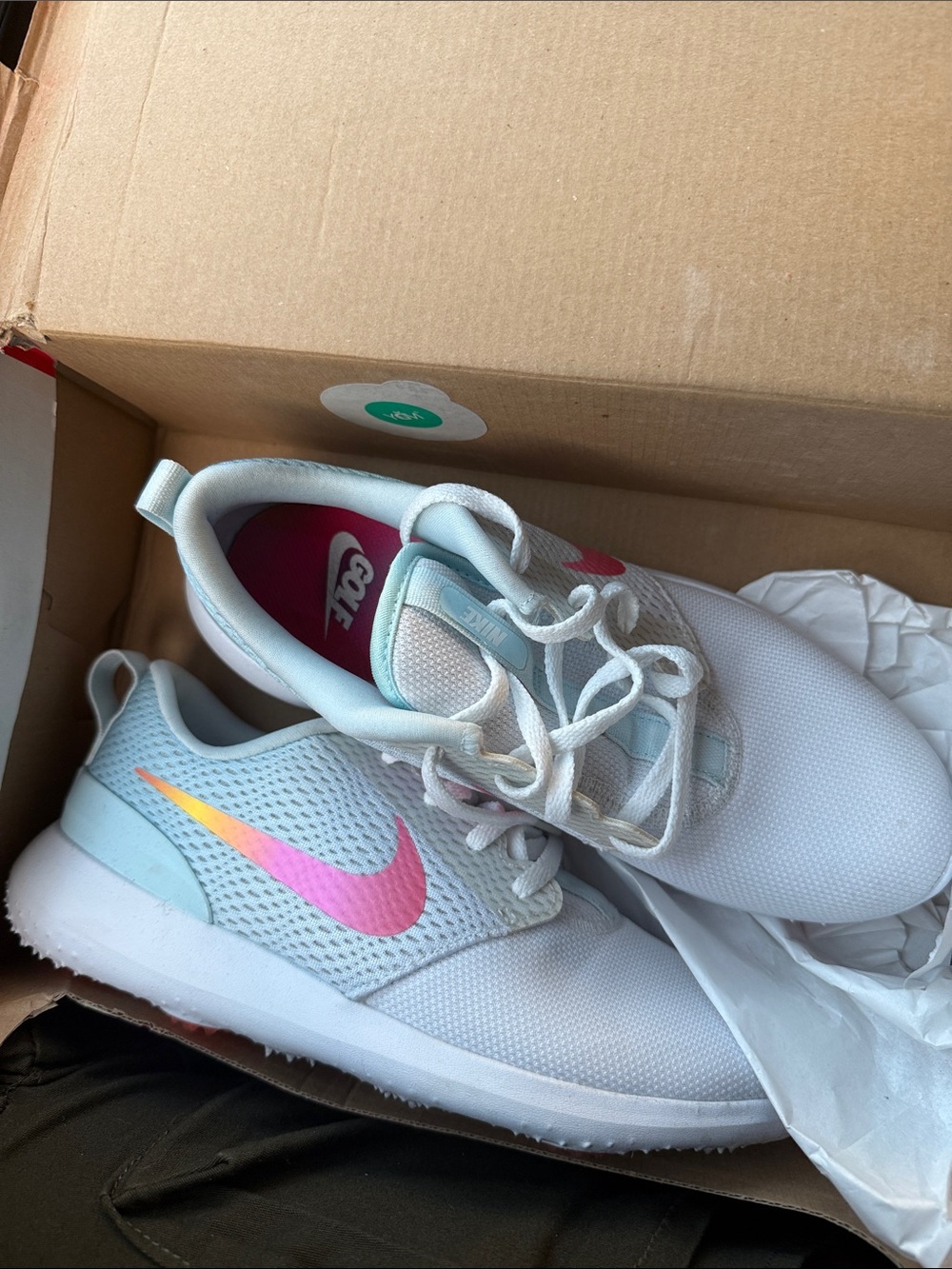 Nike Light Blue & White Golf with Pink-Orange Gradient Swoosh roche